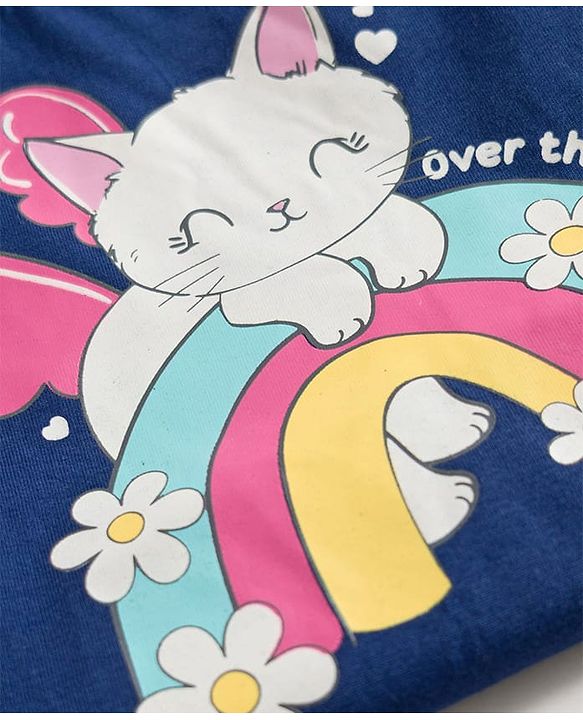 Babyhug Cotton Knit Half Sleeves T-Shirt & Capri Night Suit With Cat & Floral Print - Navy Blue