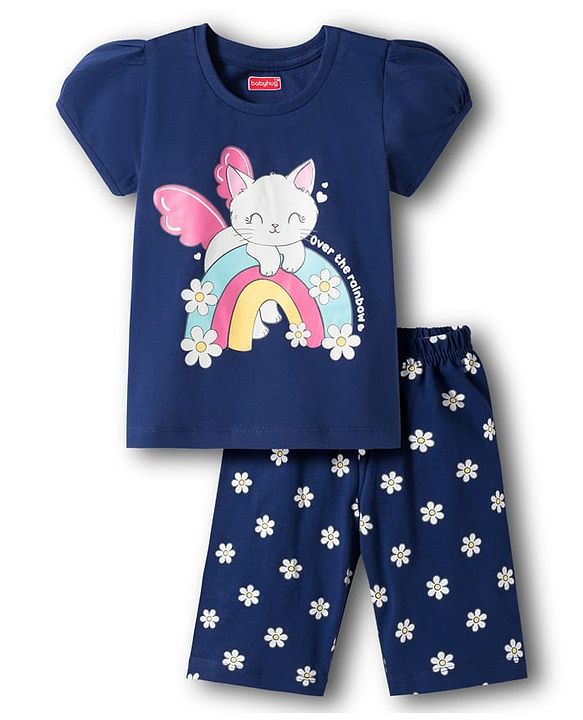 Babyhug Cotton Knit Half Sleeves T-Shirt & Capri Night Suit With Cat & Floral Print - Navy Blue