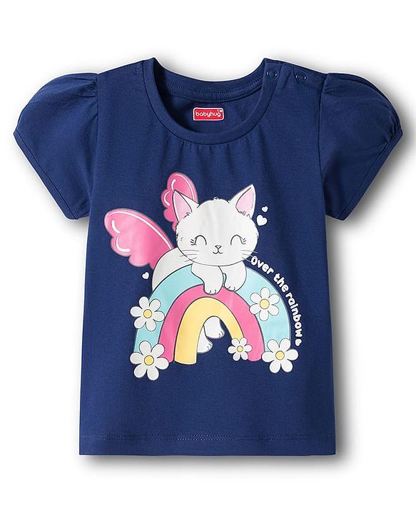 Babyhug Cotton Knit Half Sleeves T-Shirt & Capri Night Suit With Cat & Floral Print - Navy Blue