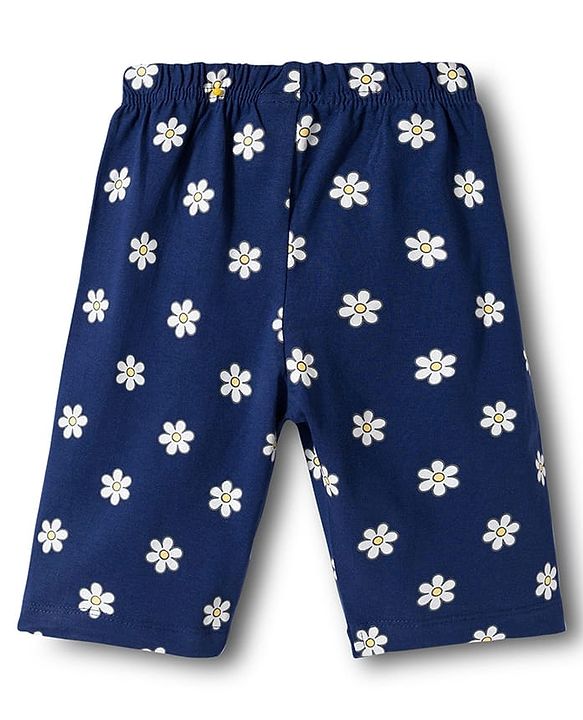 Babyhug Cotton Knit Half Sleeves T-Shirt & Capri Night Suit With Cat & Floral Print - Navy Blue