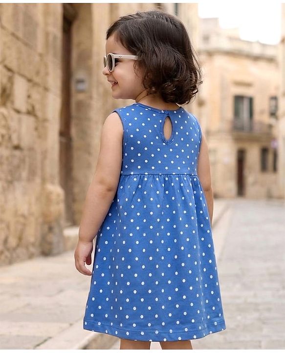 Babyhug Single Jersey Knit Sleeveless Polka Dot Printed Frock - Blue