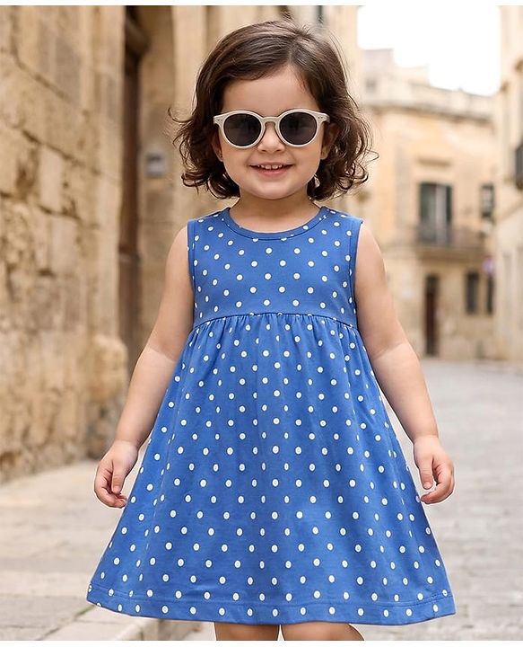 Babyhug Single Jersey Knit Sleeveless Polka Dot Printed Frock - Blue