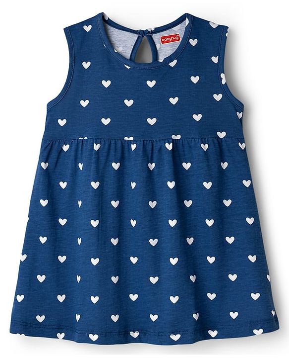 Babyhug Single Jersey Knit Sleeveless Frock With Heart Print - Navy Blue