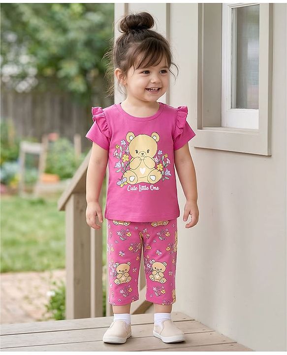 Babyhug Cotton Knit Half Sleeves T-Shirt & Capri Night Suit with Bear Print - Pink
