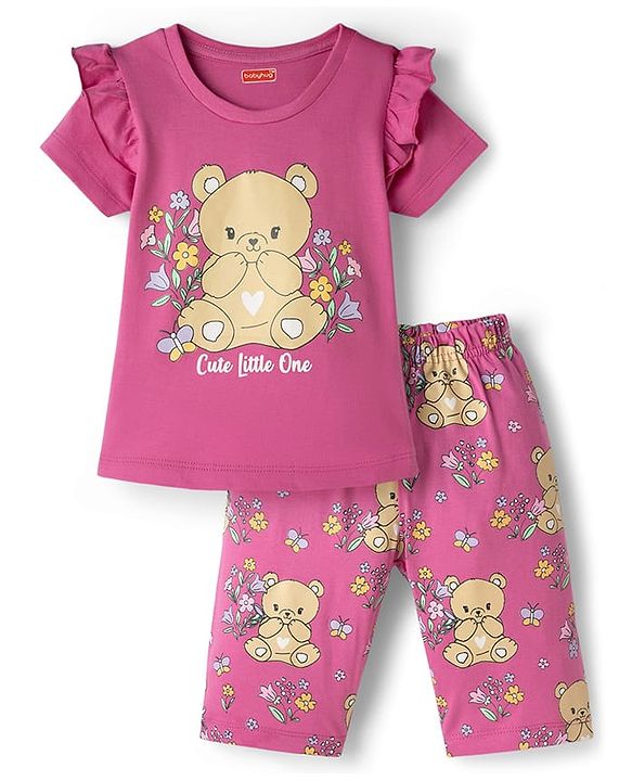 Babyhug Cotton Knit Half Sleeves T-Shirt & Capri Night Suit with Bear Print - Pink