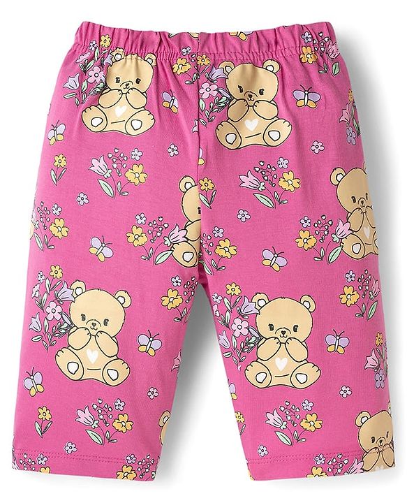 Babyhug Cotton Knit Half Sleeves T-Shirt & Capri Night Suit with Bear Print - Pink