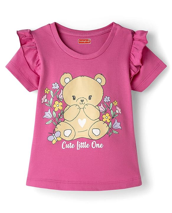 Babyhug Cotton Knit Half Sleeves T-Shirt & Capri Night Suit with Bear Print - Pink