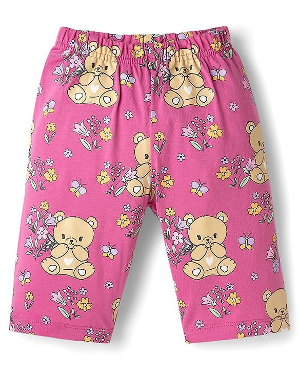 Babyhug Cotton Knit Half Sleeves T-Shirt & Capri Night Suit with Bear Print - Pink