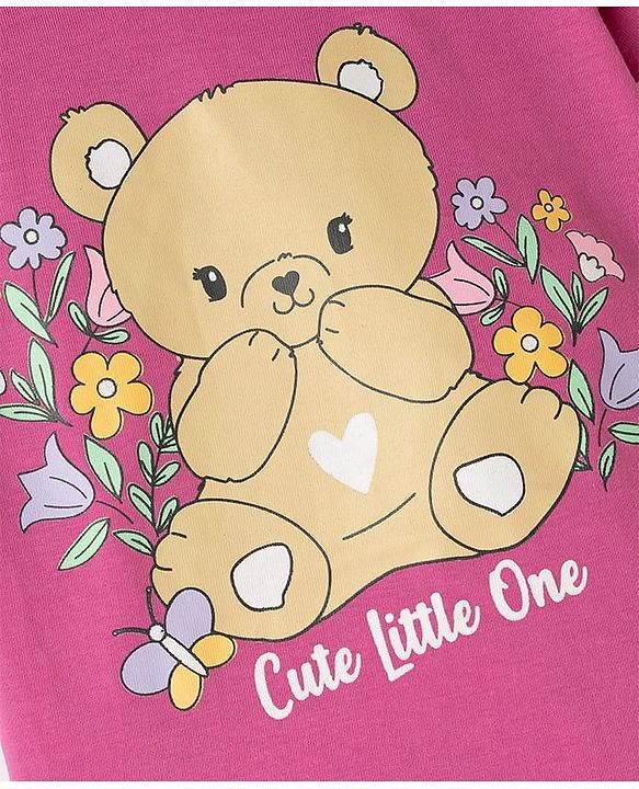 Babyhug Cotton Knit Half Sleeves T-Shirt & Capri Night Suit with Bear Print - Pink