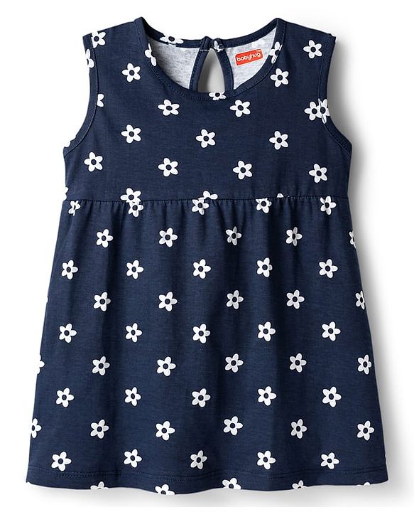 Babyhug Single Jersey Knit Sleeveless Frock With Floral Print - Navy Blue