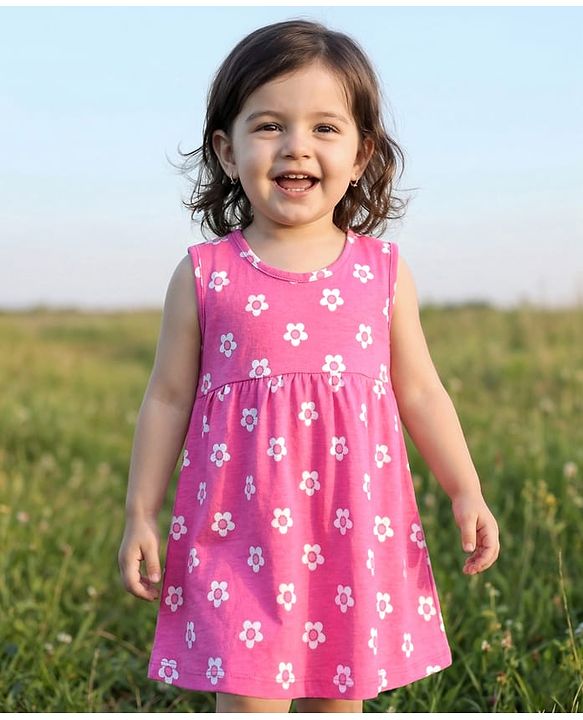 Babyhug Single Jersey Knit Sleeveless Frock With Floral Print - Pink