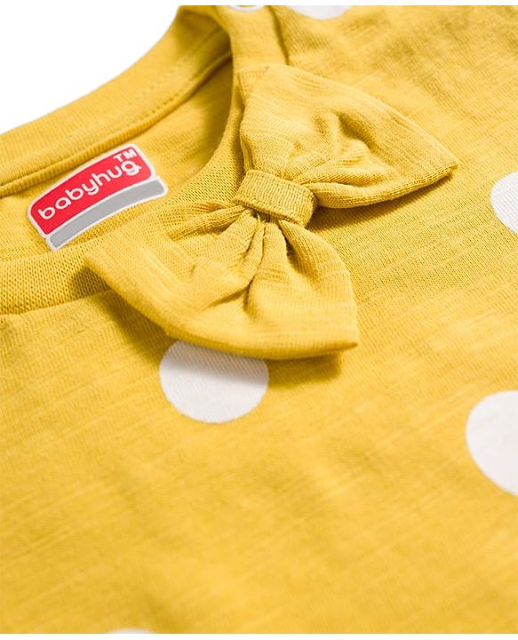 Babyhug Cotton Knit Half Sleeves T-Shirt & Pyjama Co-ord Night Suit With Polka Dot Print - Yellow