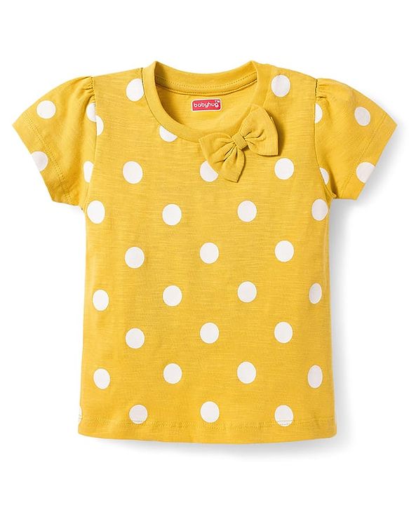 Babyhug Cotton Knit Half Sleeves T-Shirt & Pyjama Co-ord Night Suit With Polka Dot Print - Yellow