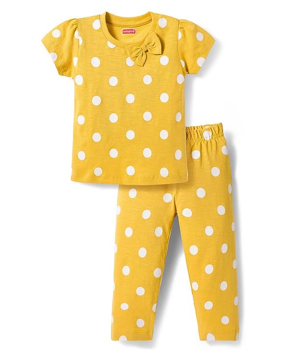 Babyhug Cotton Knit Half Sleeves T-Shirt & Pyjama Co-ord Night Suit With Polka Dot Print - Yellow