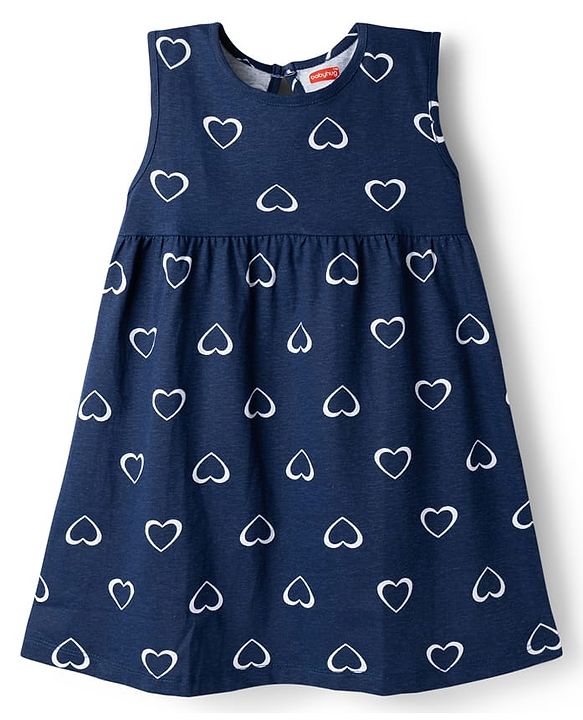 Babyhug Single Jersey Knit Sleeveless Frock With Heart Print - Navy Blue