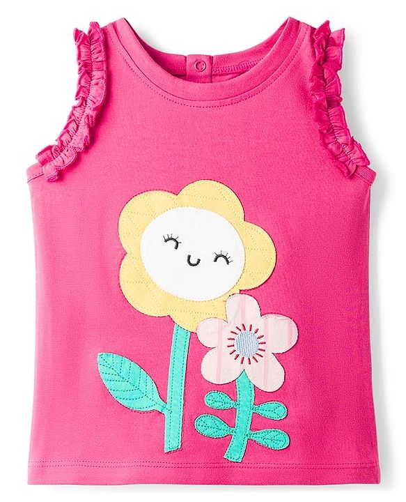 Baybyhug 100% Cotton Knit Sleeveless Tank T-Shirt With Floral Embroidery - Pink & Light Orange