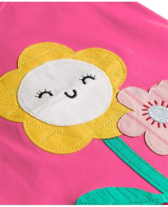 Baybyhug 100% Cotton Knit Sleeveless Tank T-Shirt With Floral Embroidery - Pink & Light Orange