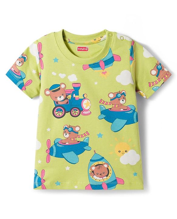 Babyhug Cotton Knit Half Sleeves T-Shirt & Pyjama Co-ord Night Suit With Teddy Bear  Print - Yellow
