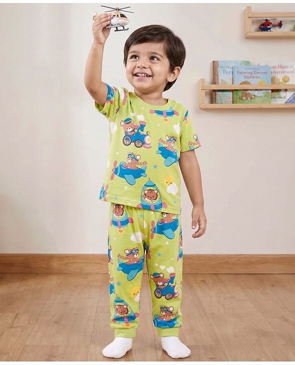 Babyhug Cotton Knit Half Sleeves T-Shirt & Pyjama Co-ord Night Suit With Teddy Bear  Print - Yellow