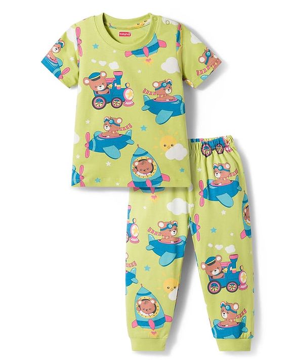 Babyhug Cotton Knit Half Sleeves T-Shirt & Pyjama Co-ord Night Suit With Teddy Bear  Print - Yellow