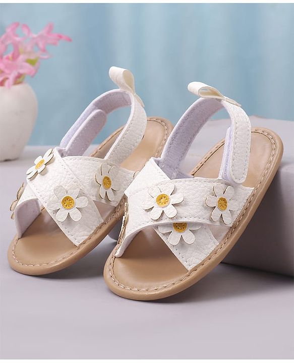 Cute Walk by Babyhug Velcro Closure Solid Colour Booties with Floral Applique- White