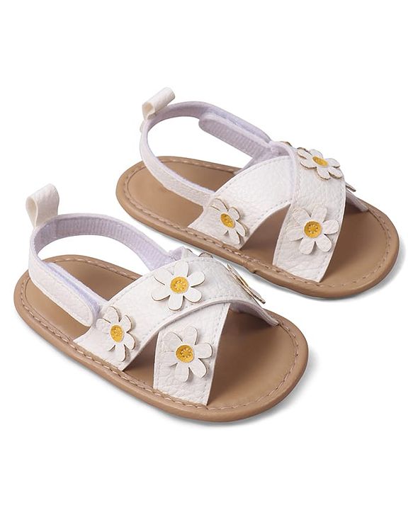 Cute Walk by Babyhug Velcro Closure Solid Colour Booties with Floral Applique- White