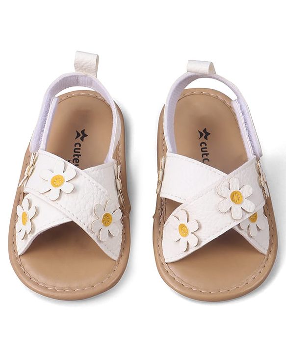 Cute Walk by Babyhug Velcro Closure Solid Colour Booties with Floral Applique- White