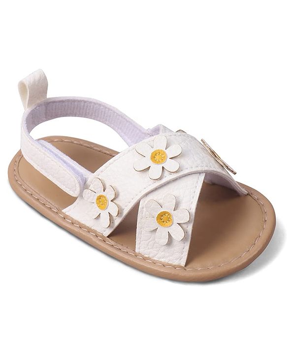 Cute Walk by Babyhug Velcro Closure Solid Colour Booties with Floral Applique- White
