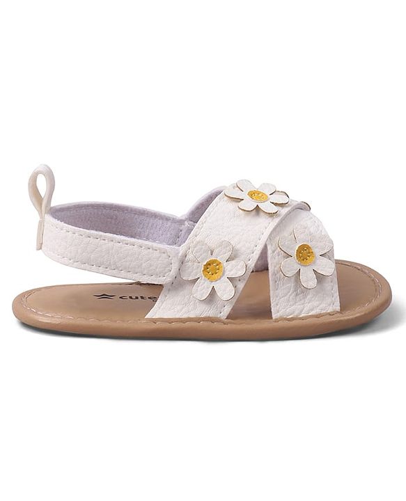 Cute Walk by Babyhug Velcro Closure Solid Colour Booties with Floral Applique- White