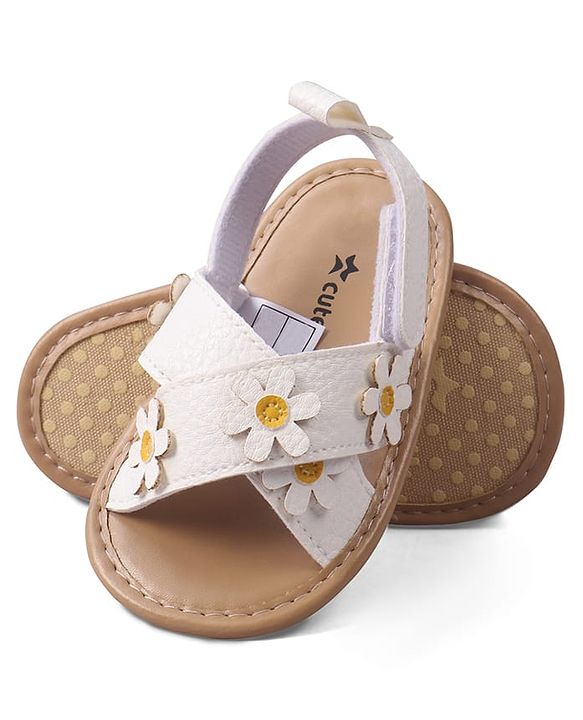 Cute Walk by Babyhug Velcro Closure Solid Colour Booties with Floral Applique- White