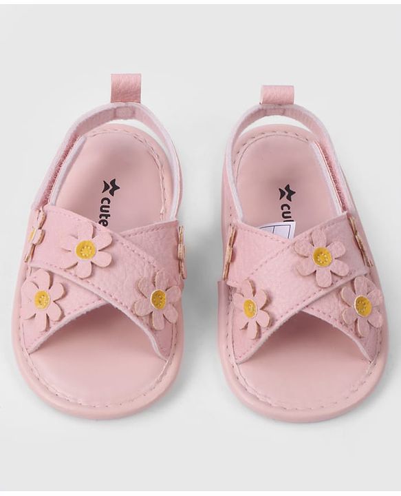 Cute Walk by Babyhug Velcro Closure Solid Colour Booties with Floral Applique- White