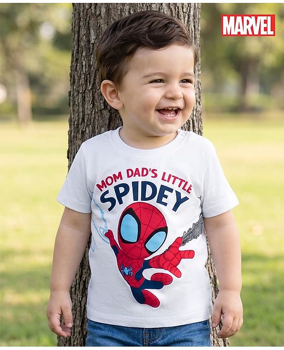 Babyhug Marvel Single Jersey Knit Half Sleeves T-Shirt With Spiderman Graphics - White