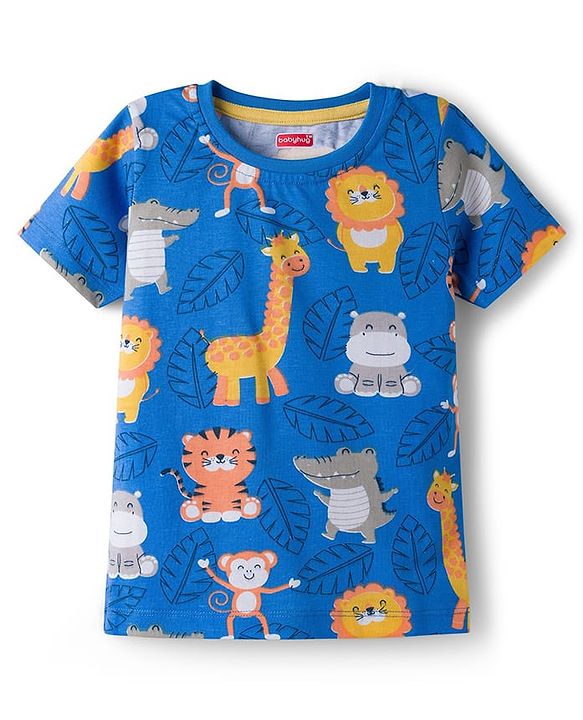 Babyhug Cotton Knit Half Sleeves T-Shirt & Pyjama Co-ord Night Suit With Animal Print - Blue