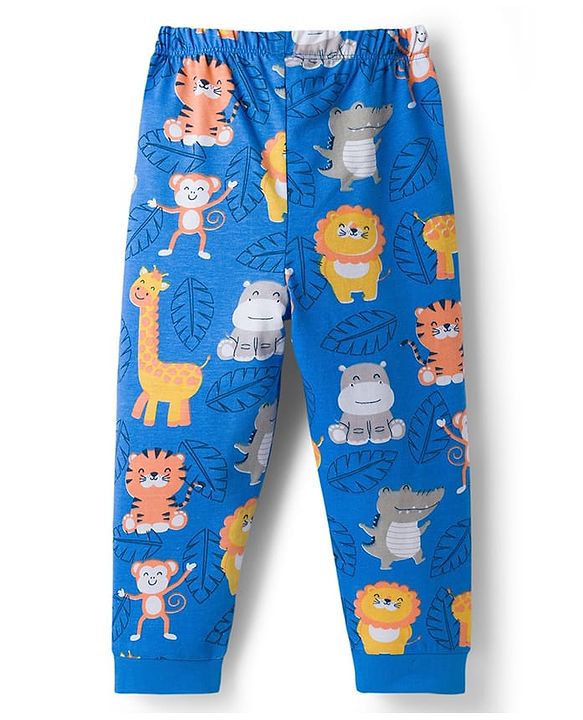 Babyhug Cotton Knit Half Sleeves T-Shirt & Pyjama Co-ord Night Suit With Animal Print - Blue