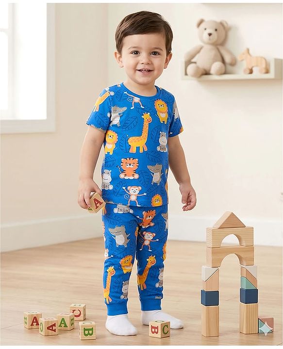 Babyhug Cotton Knit Half Sleeves T-Shirt & Pyjama Co-ord Night Suit With Animal Print - Blue