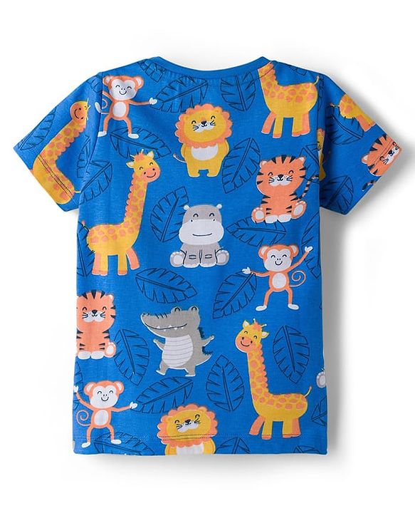 Babyhug Cotton Knit Half Sleeves T-Shirt & Pyjama Co-ord Night Suit With Animal Print - Blue