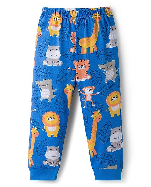 Babyhug Cotton Knit Half Sleeves T-Shirt & Pyjama Co-ord Night Suit With Animal Print - Blue