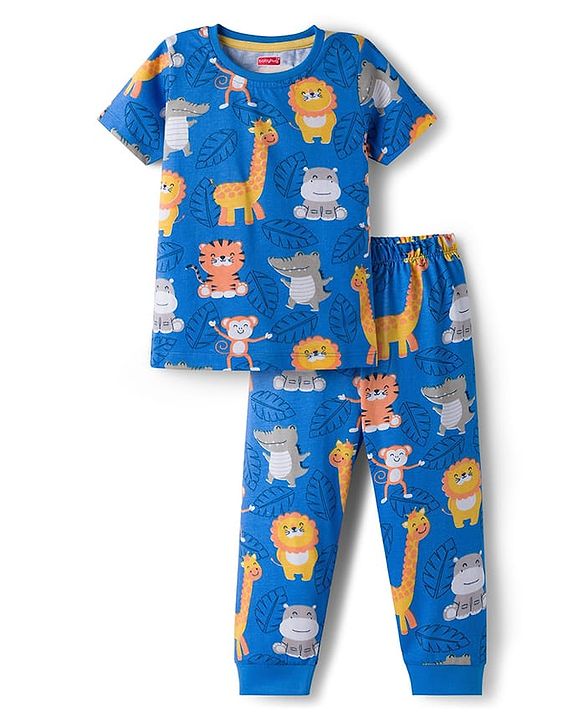 Babyhug Cotton Knit Half Sleeves T-Shirt & Pyjama Co-ord Night Suit With Animal Print - Blue