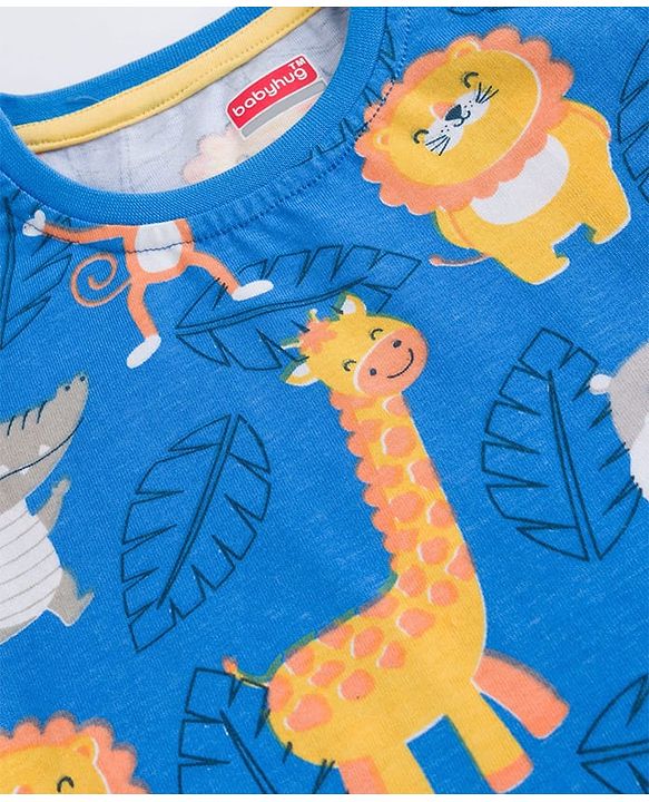 Babyhug Cotton Knit Half Sleeves T-Shirt & Pyjama Co-ord Night Suit With Animal Print - Blue