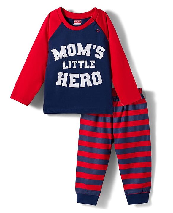 Babyhug Cotton Knit Raglan Full Sleeves Text Printed T-Shirt & Pyjama Night Suit With Stripes - Navy Blue & Red