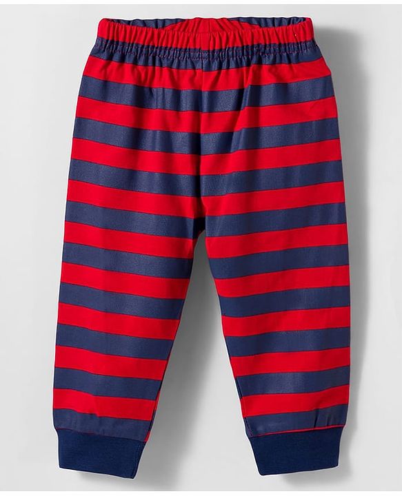 Babyhug Cotton Knit Raglan Full Sleeves Text Printed T-Shirt & Pyjama Night Suit With Stripes - Navy Blue & Red