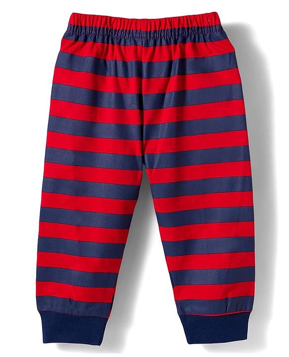 Babyhug Cotton Knit Raglan Full Sleeves Text Printed T-Shirt & Pyjama Night Suit With Stripes - Navy Blue & Red