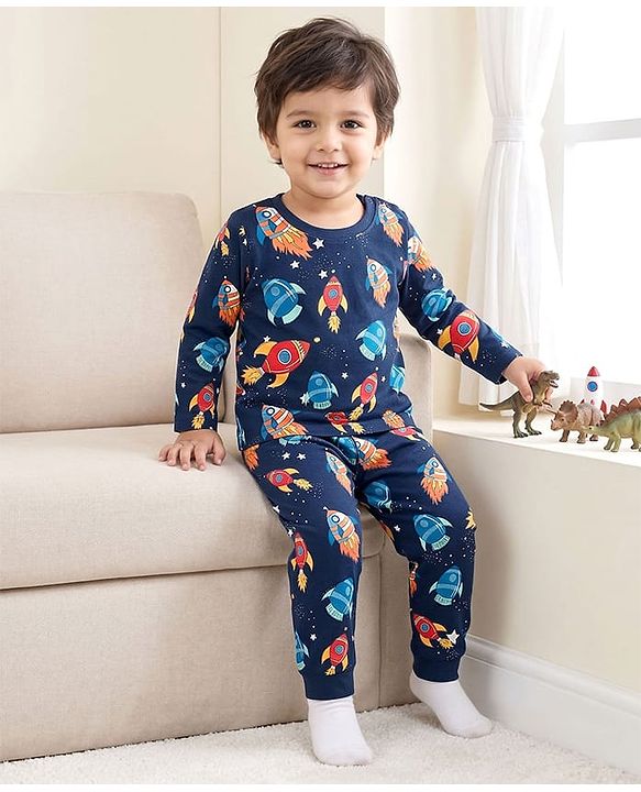 Babyhug Cotton Knit Full Sleeves Space Theme Printed Co-Ords T-Shirt & Pyjama Night Suit - Navy Blue