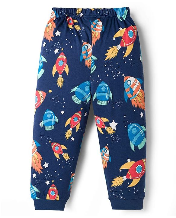 Babyhug Cotton Knit Full Sleeves Space Theme Printed Co-Ords T-Shirt & Pyjama Night Suit - Navy Blue