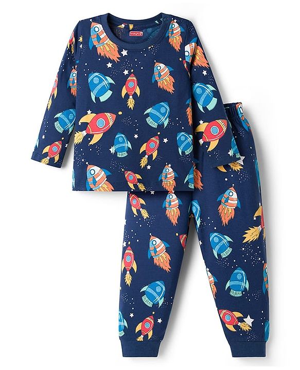 Babyhug Cotton Knit Full Sleeves Space Theme Printed Co-Ords T-Shirt & Pyjama Night Suit - Navy Blue