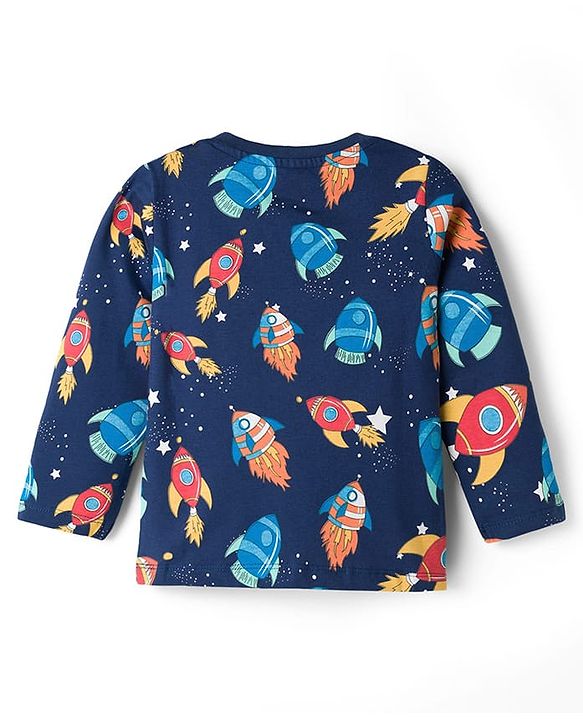 Babyhug Cotton Knit Full Sleeves Space Theme Printed Co-Ords T-Shirt & Pyjama Night Suit - Navy Blue