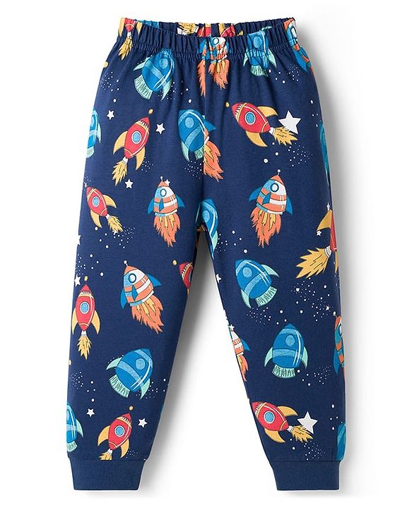 Babyhug Cotton Knit Full Sleeves Space Theme Printed Co-Ords T-Shirt & Pyjama Night Suit - Navy Blue