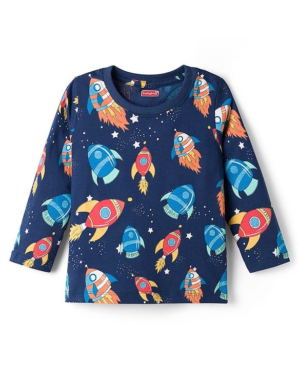 Babyhug Cotton Knit Full Sleeves Space Theme Printed Co-Ords T-Shirt & Pyjama Night Suit - Navy Blue