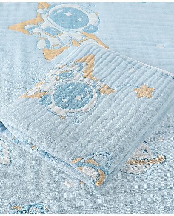 Babyhug 100% Pure Cotton Six Layer Baby Blanket Space Print  Super Soft & Absorbent| All Season Blanket| New Born Gifting| Bath Towel, Wrapper, Feeding Towel| Machine Washable- Blue