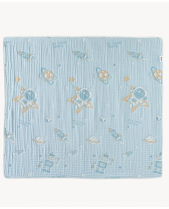 Babyhug 100% Pure Cotton Six Layer Baby Blanket Space Print  Super Soft & Absorbent| All Season Blanket| New Born Gifting| Bath Towel, Wrapper, Feeding Towel| Machine Washable- Blue